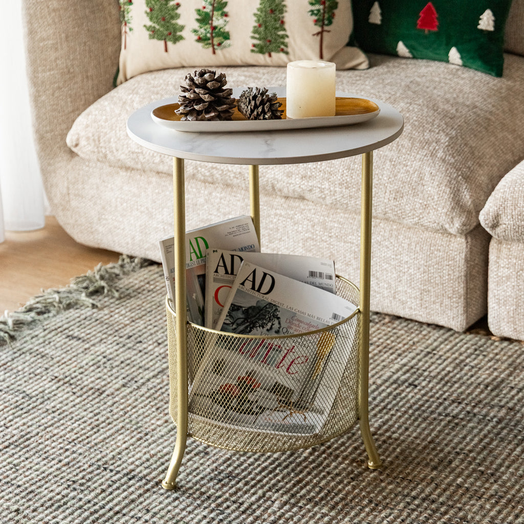 LAPITEC Gold Side Table with Mesh Basket