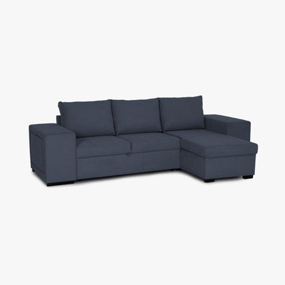 Sofá cama com chaise longue reversível e arrumação prateleira e puff azul JUAN