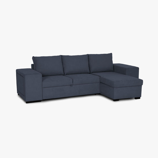 Sofá cama com chaise longue reversível e arrumação prateleira e puff azul JUAN