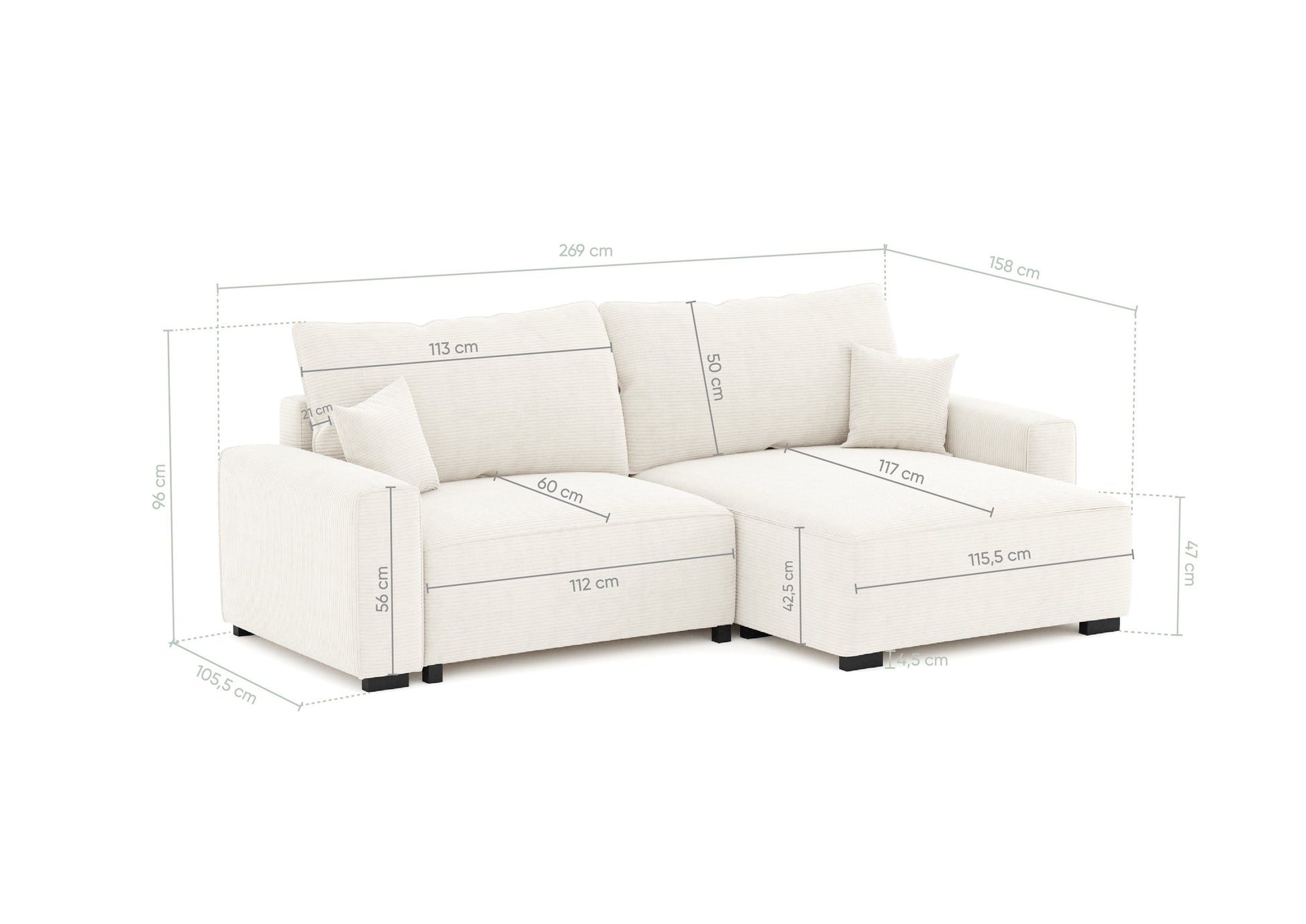 Sofá - Cama 4 Lugares com Chaise Longue Reversível - LaurenC1511ACSRG7902_C24