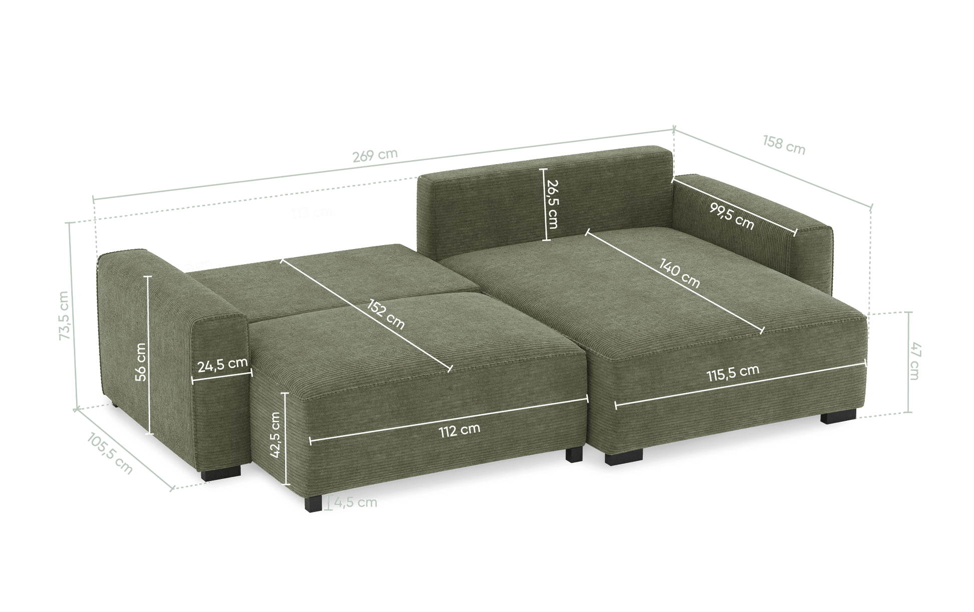 Sofá - Cama 4 Lugares com Chaise Longue Reversível - LaurenC1511ACSRG7930_C24