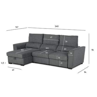 Sofá - Cama 3 Lugares com Chaise Longue Reversível e Encosto Reclinável - OliverC1009CFSRG3811_C24