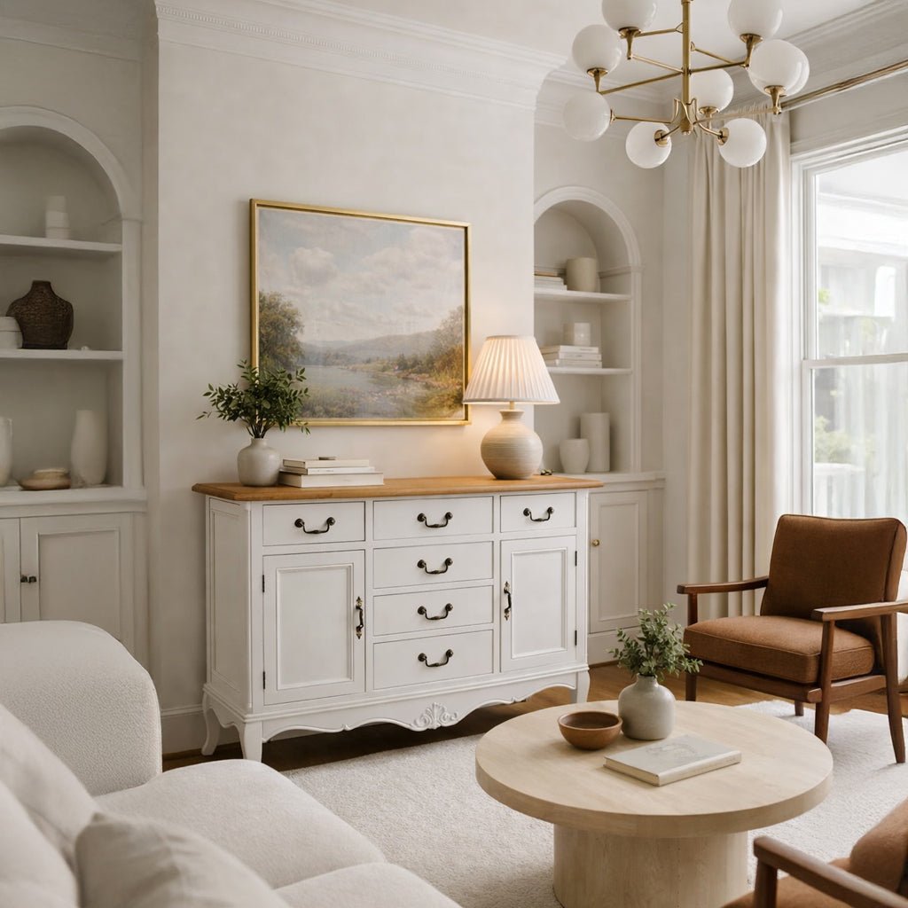 Aparador Branco de Madeira Natural com Duas Portas e Seis Gavetas VERSAILLES - Gato Preto