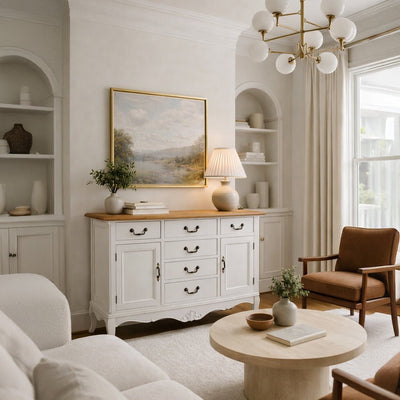 Aparador Branco de Madeira Natural com Duas Portas e Seis Gavetas VERSAILLES - Gato Preto