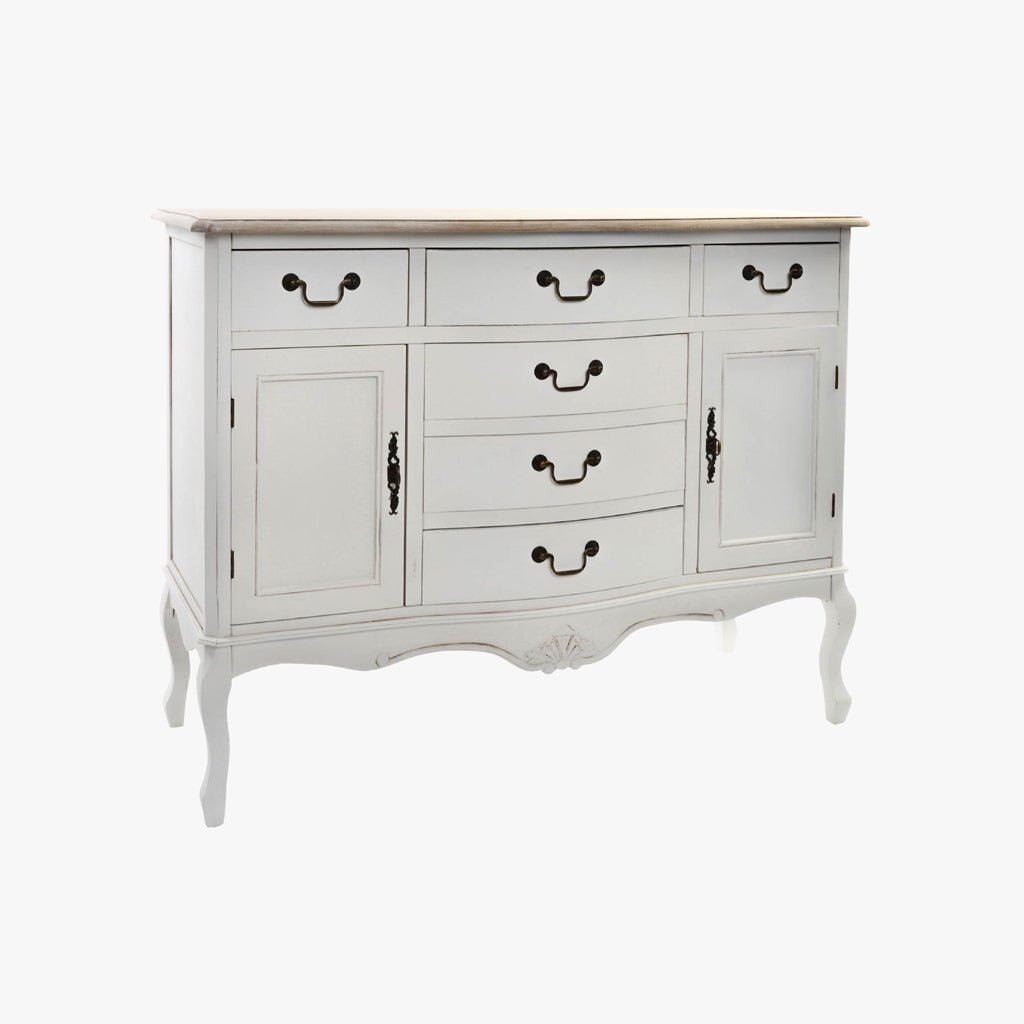 Aparador Branco de Madeira Natural com Duas Portas e Seis Gavetas VERSAILLES - Gato Preto