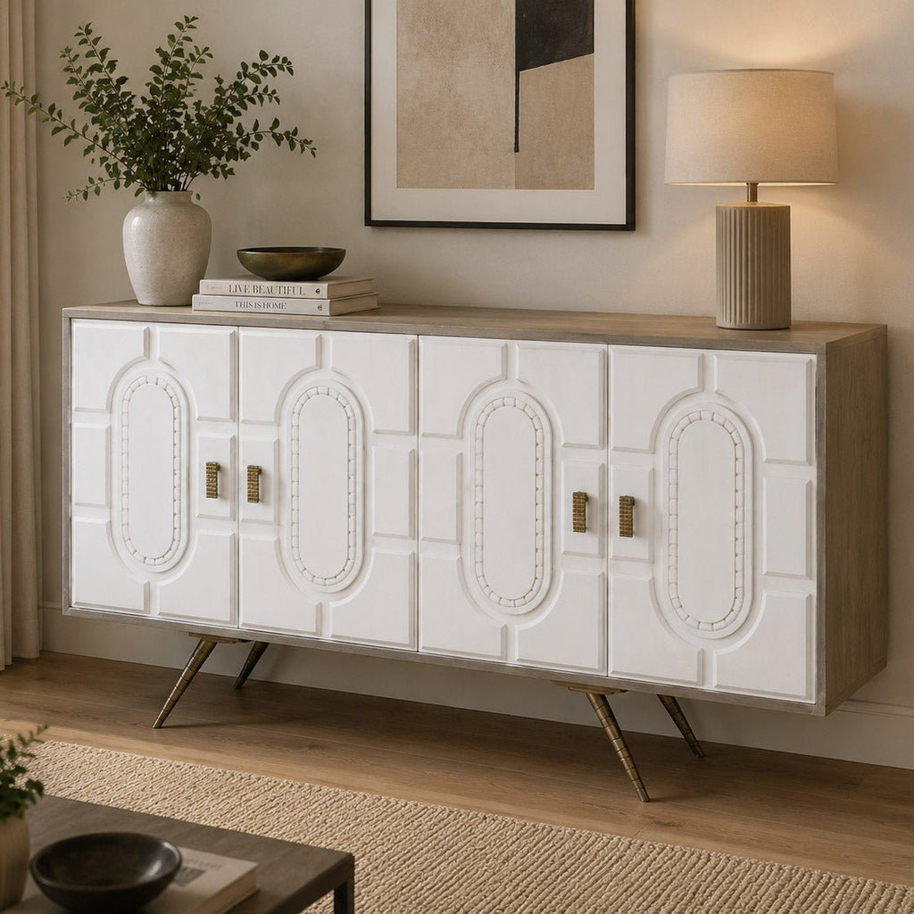 Aparador Relevo Branco com Acabamentos Bronze 152X43X84 WHITE GLOW - Gato Preto