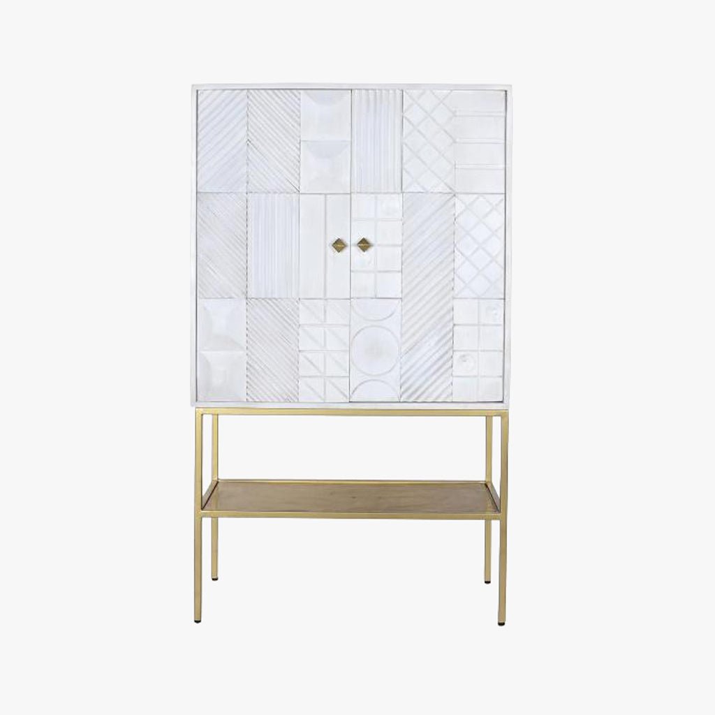 Aparador Relevo Branco com Acabamentos Dourado 91X44X152 WHITE GLOW - Gato Preto