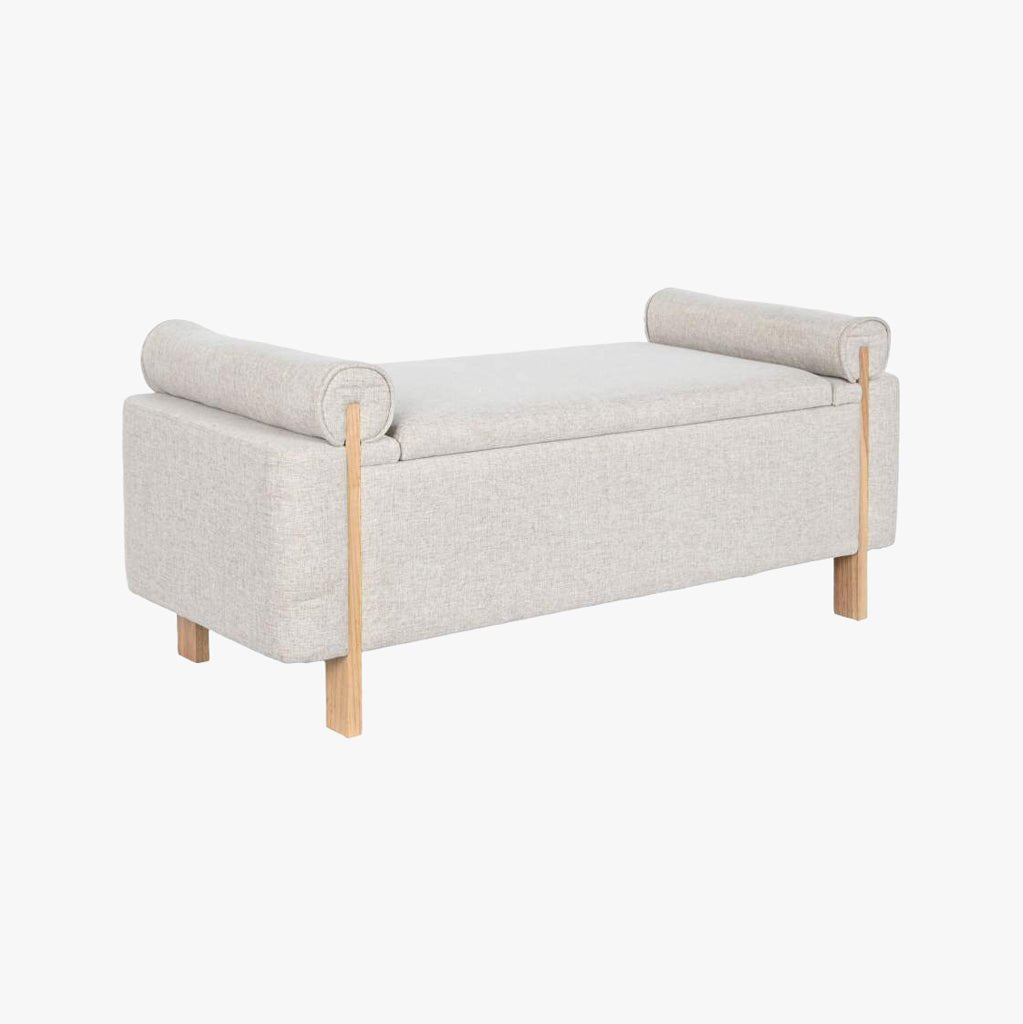 Banqueta Cinza de Tecido e Madeira com Arrumação 120x45x50 SERENA - Gato Preto