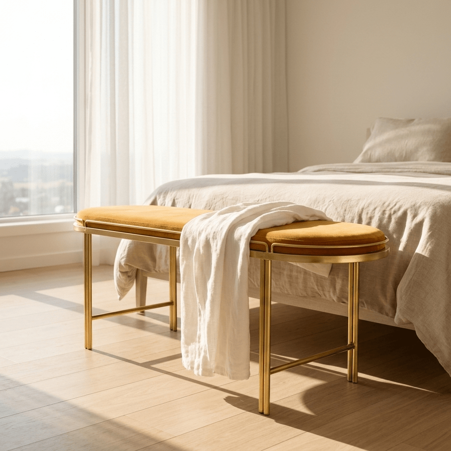 Banqueta Mostarda de Veludo e Metal FRIBURGO - Gato Preto