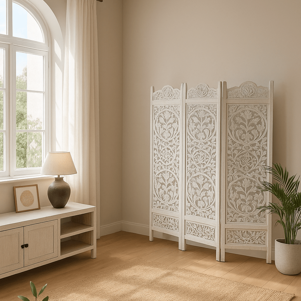 White Wooden Folding Screen with Jasmine Design – Gato Preto