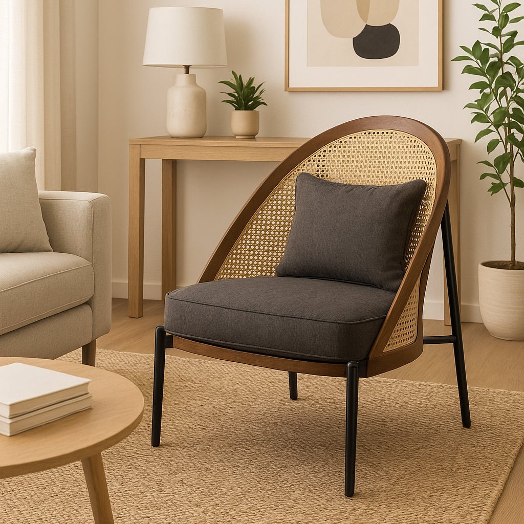 Cadeirão com Almofada Cinza com Costas em Rattan OZAWA - Gato Preto