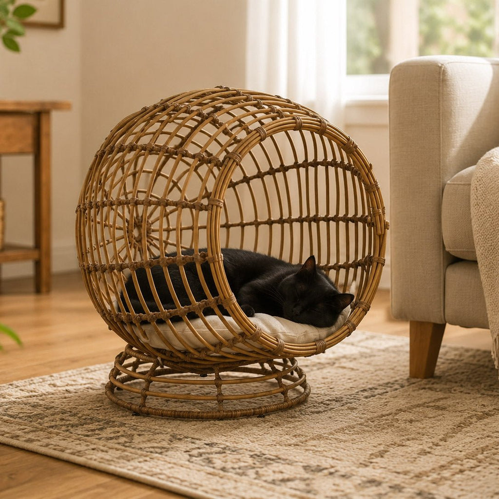 Cama de Animal Rattan Circular 60x58x58 PAWRENTS - Gato Preto