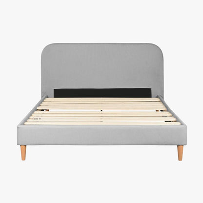 Cama Tecido com Cabeceira Arredondada e Pés de Madeira Cinza SERENA - Gato Preto