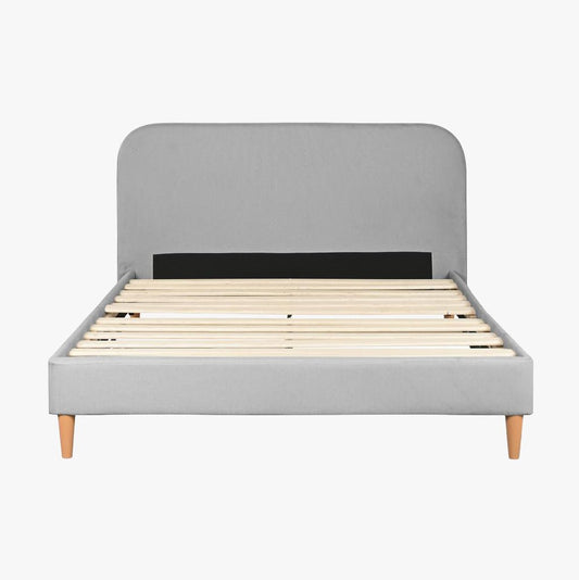 Cama Tecido com Cabeceira Arredondada e Pés de Madeira Cinza SERENA - Gato Preto