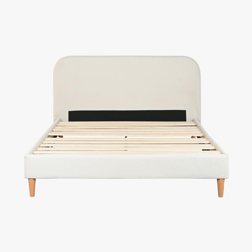 Cama Tecido com Cabeceira Arredondada e Pés de Madeira Cru SERENA - Gato Preto