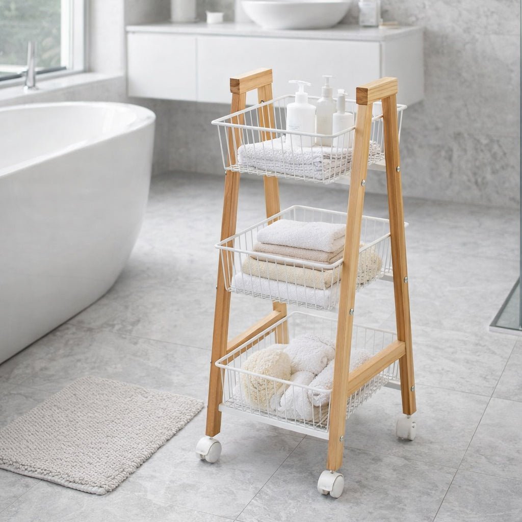 Carrinho de Apoio em Pinho com Três Cestos 32x37x81 DRAVA - Gato Preto