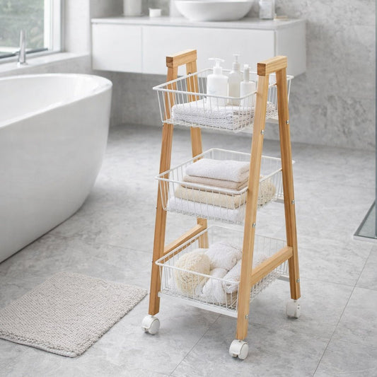 Carrinho de Apoio em Pinho com Três Cestos 32x37x81 DRAVA - Gato Preto