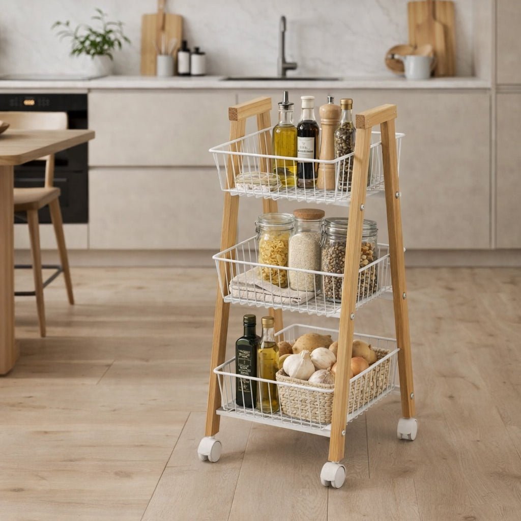 Carrinho de Apoio em Pinho com Três Cestos 32x37x81 DRAVA - Gato Preto