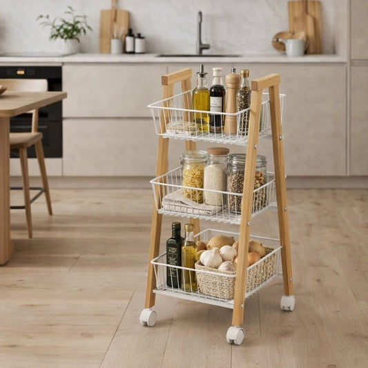 Carrinho de Apoio em Pinho com Três Cestos 32x37x81 DRAVA - Gato Preto