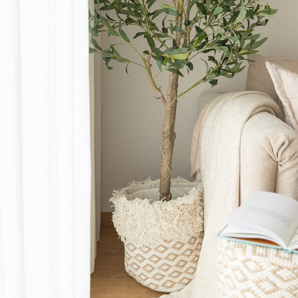 Cesto Algodão Padrão Bege e Branco LIZA - Gato Preto