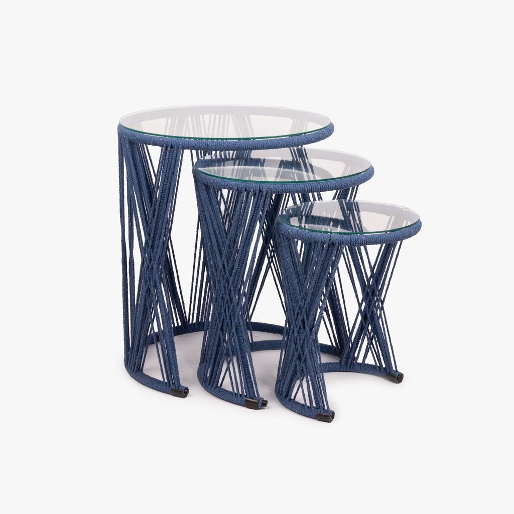 Conjunto 3 Mesas de Apoio em Metal e Corda Azul PANTAI - Gato Preto