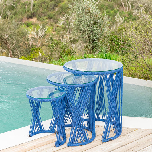 Conjunto 3 Mesas de Apoio em Metal e Corda Azul PANTAI - Gato Preto