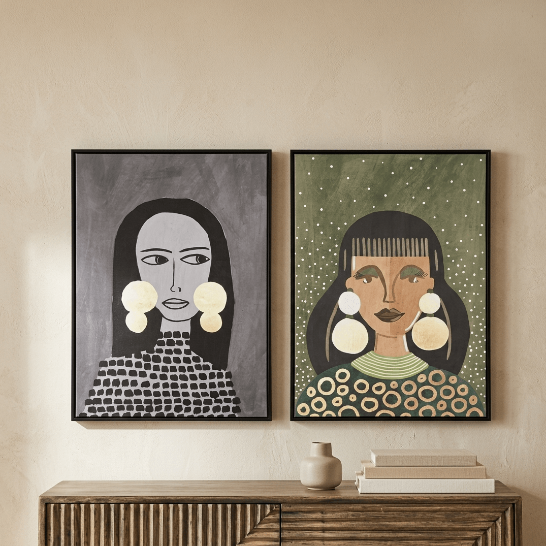 Conjunto de 2 Quadros Retrato Brincos, Gato Preto