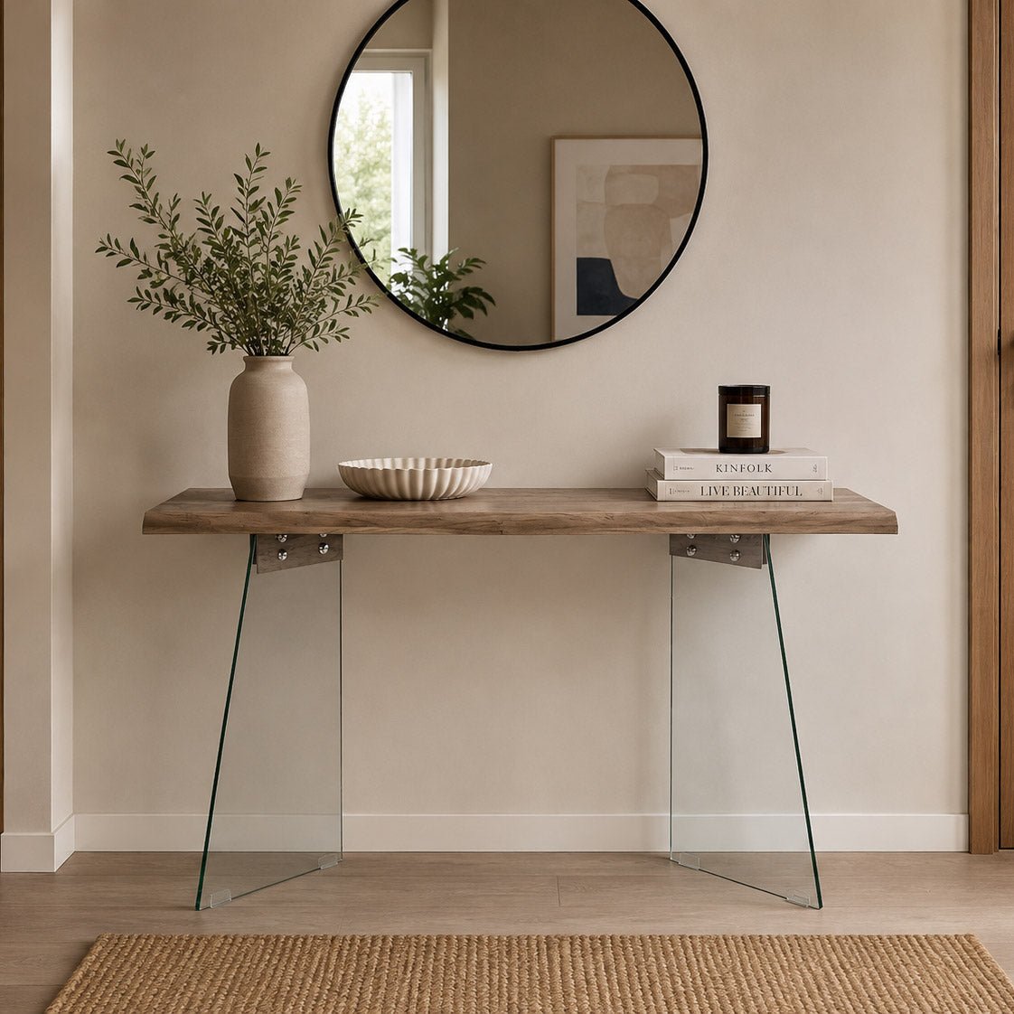 Consola Cinza Claro com Estrutura em Vidro Transparente | 120x40x76 cm | PRISMA - Gato Preto