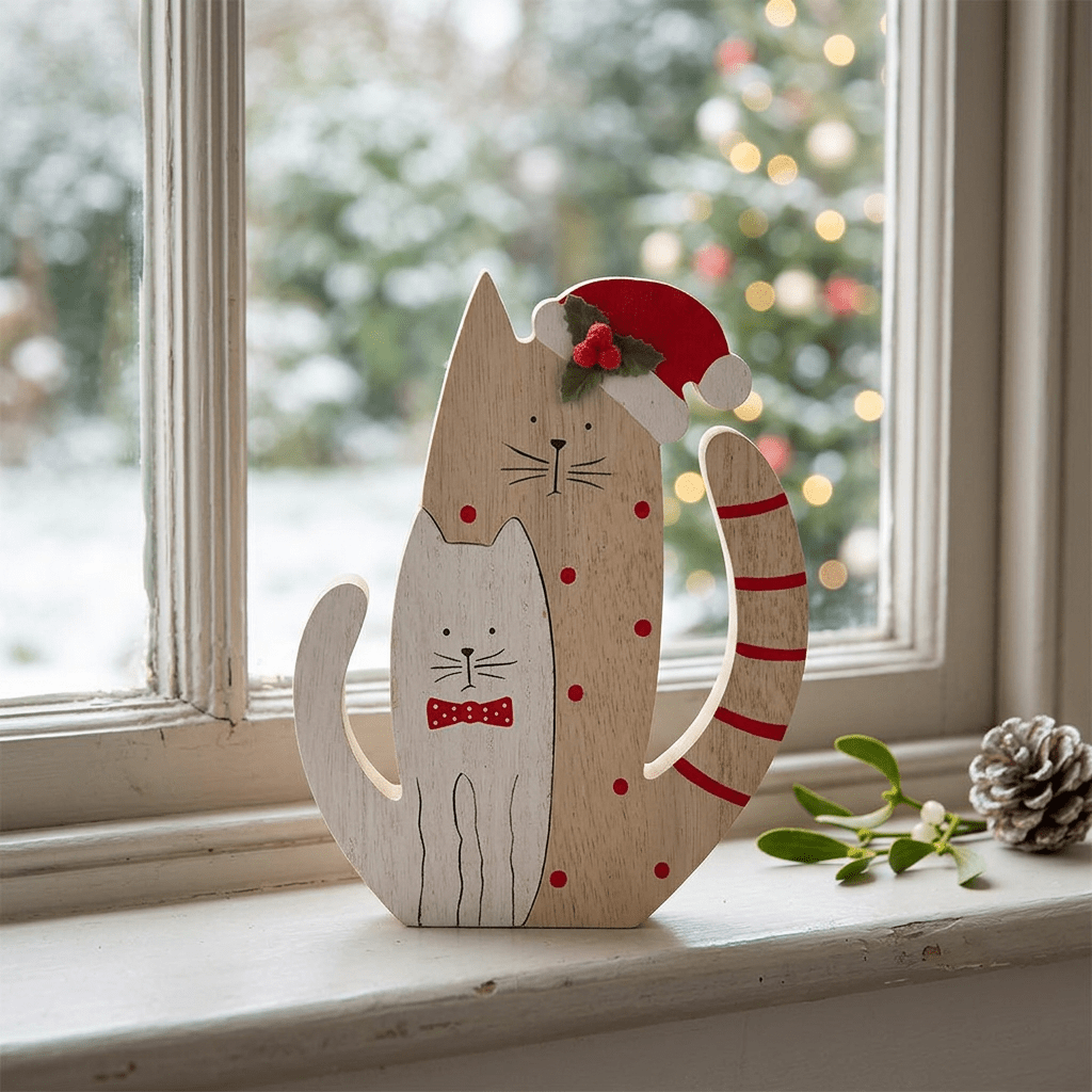 Enfeite de Natal com 2 Gatos de Madeira COZY - Gato Preto