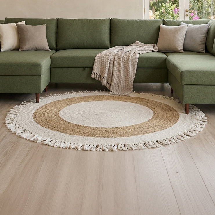 Round Rug in Cotton and Jute with Fringes OAXACA