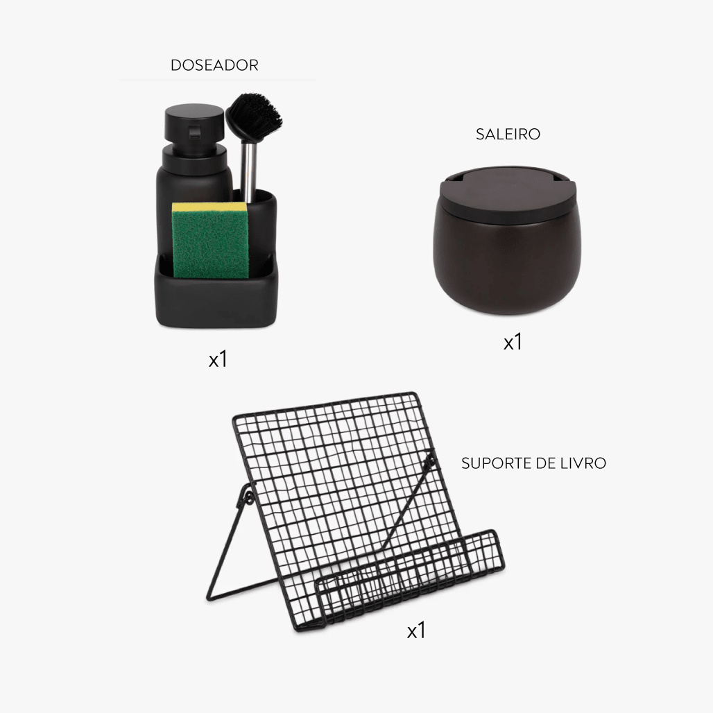 Kit Bancada — Doseador + Suporte de Livro + Saleiro | ALL BLACK - Gato Preto