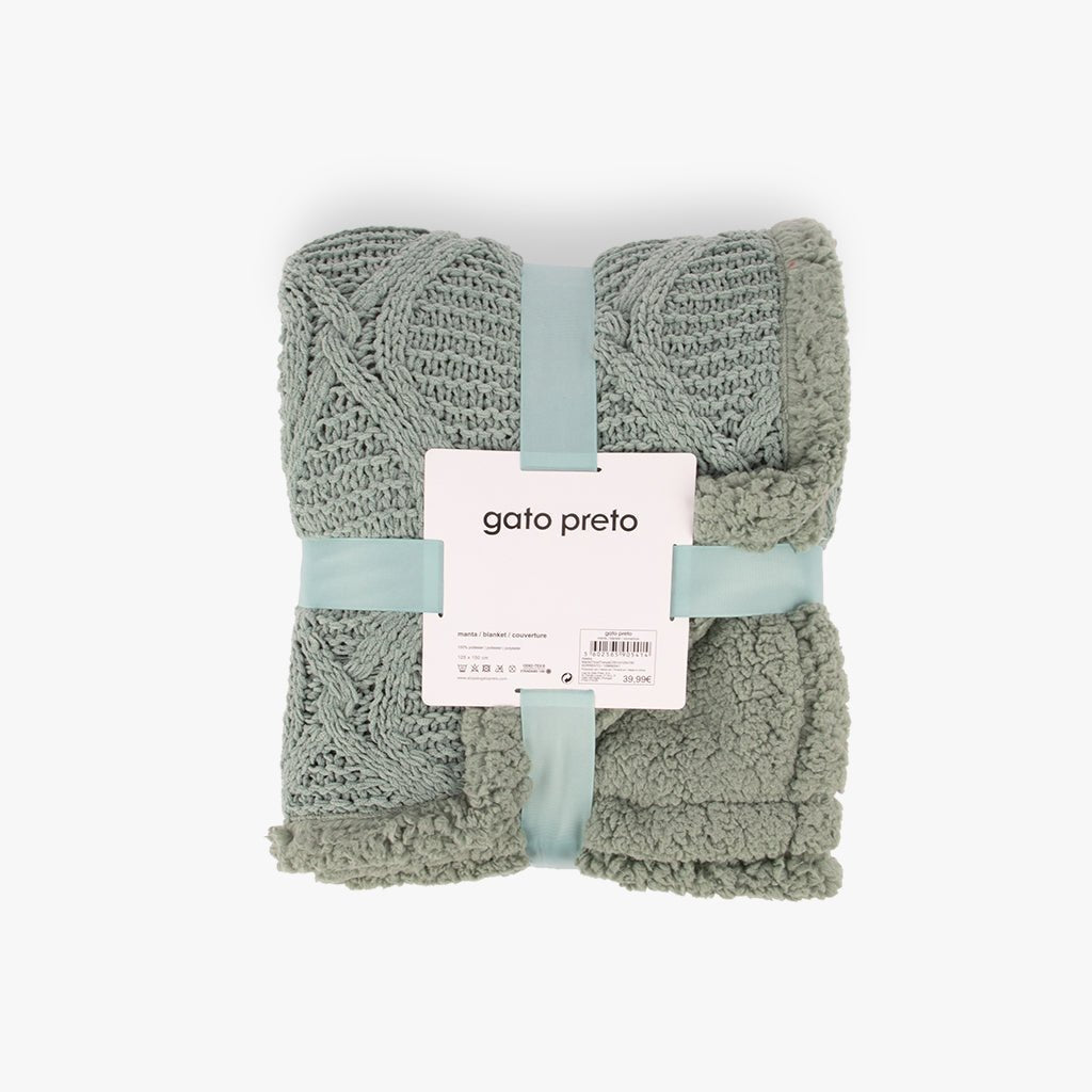 Manta de Tricot Trançando com Sherpa Verde ALASKA - Gato Preto