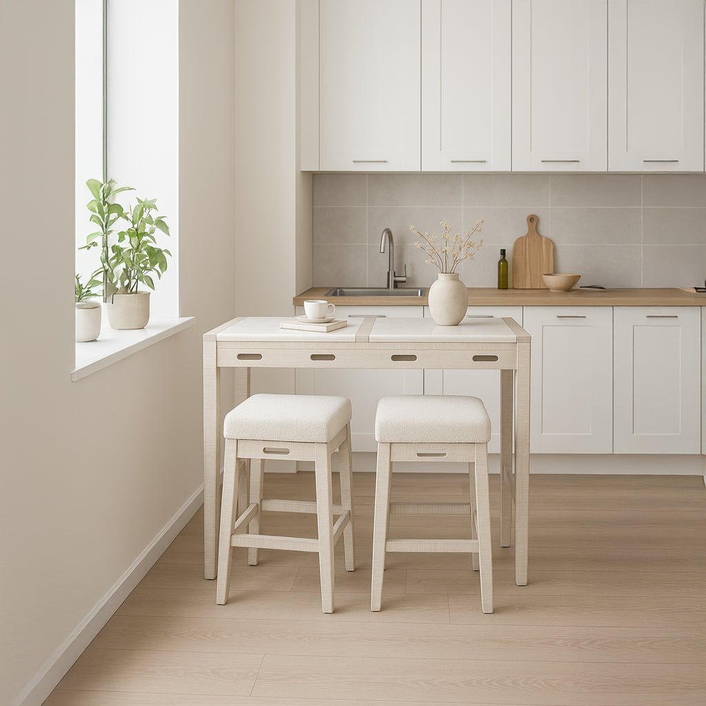 Mesa Alta Madeira e Mármore com bancos ENLACE - Gato Preto