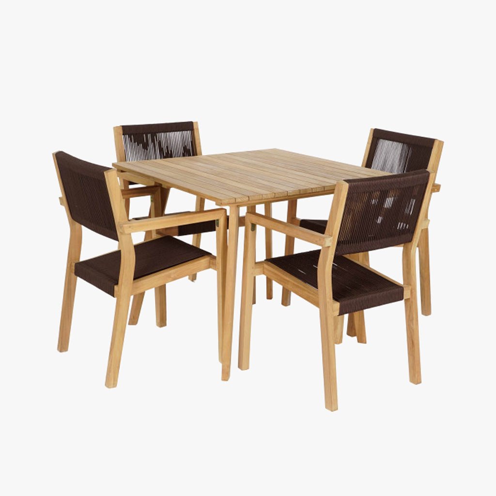 Mesa com 4 cadeiras em Teca e Corda Castanho - Gato Preto