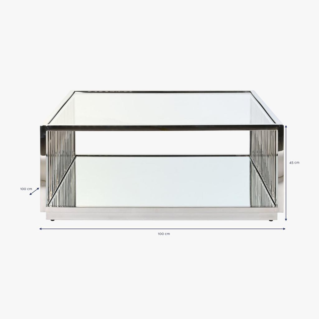 Mesa de Centro com Estrutura Cromada e Detalhes Espelhados | 100x100x45 cm | PRISMA - Gato Preto