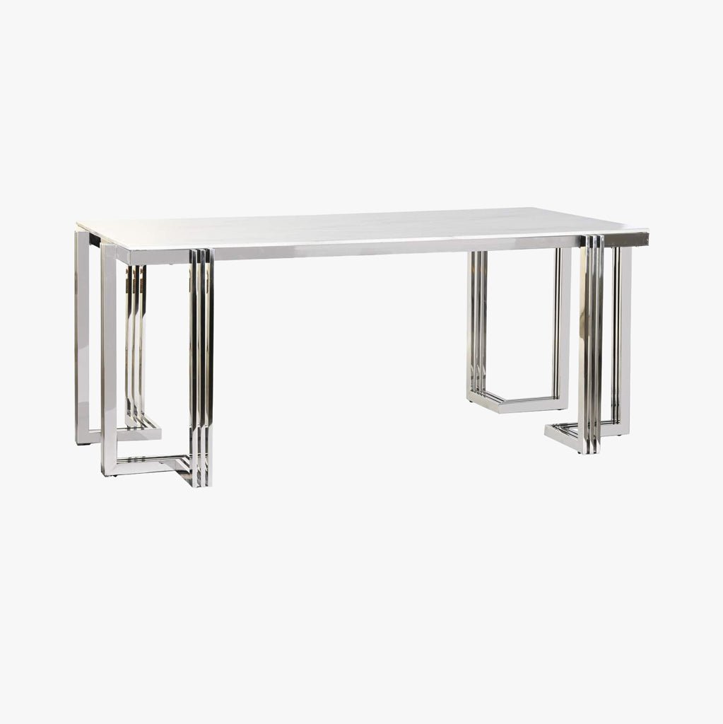 Mesa de Jantar Tampo Efeito Mármore e Base Metálica Prateada | 180x90x76 cm | PRISMA - Gato Preto
