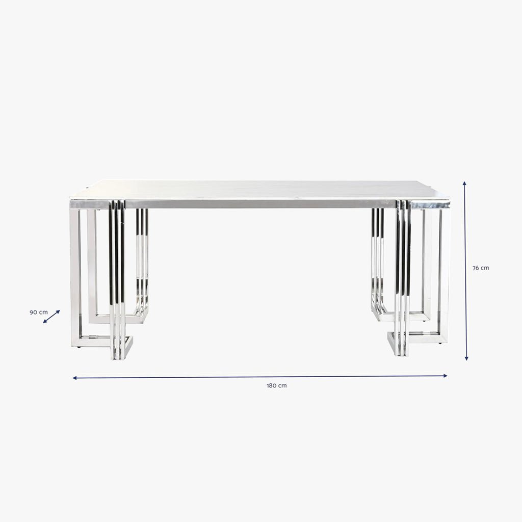 Mesa de Jantar Tampo Efeito Mármore e Base Metálica Prateada | 180x90x76 cm | PRISMA - Gato Preto