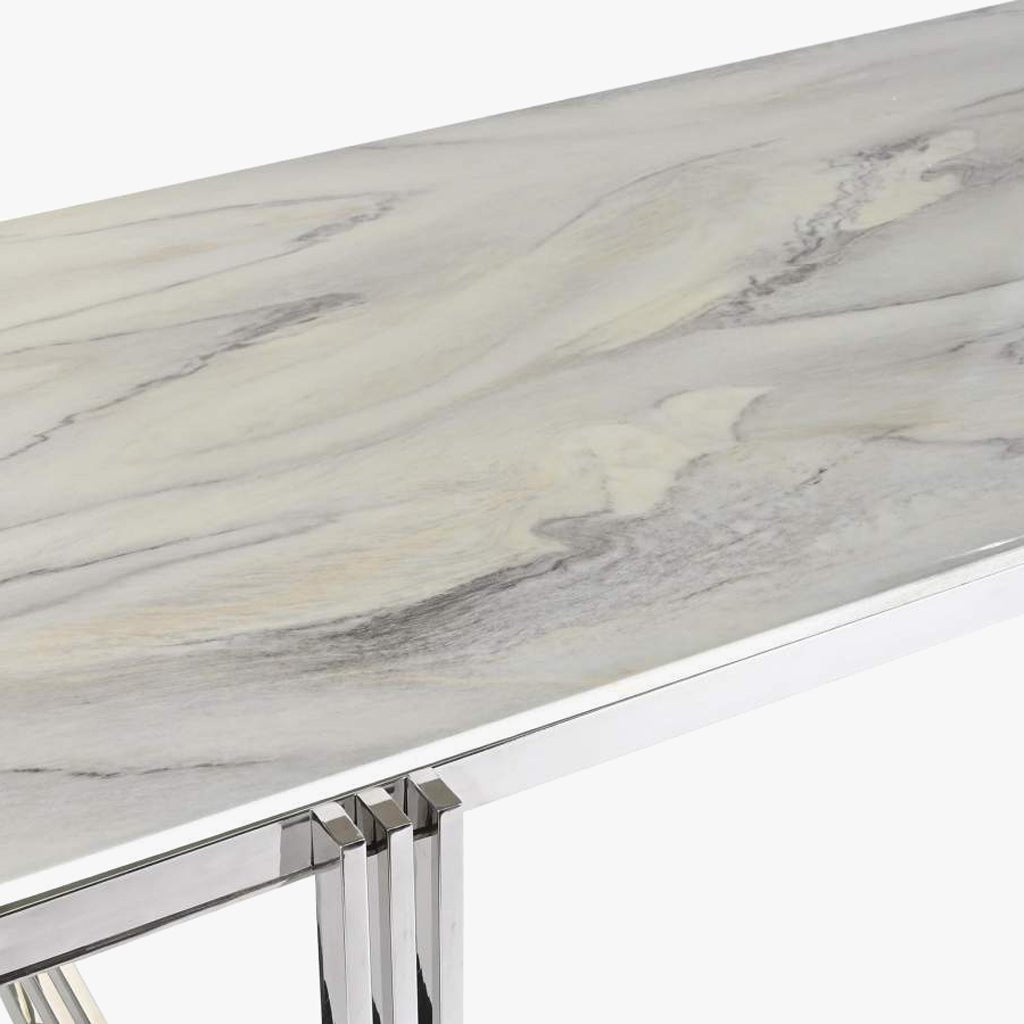 Mesa de Jantar Tampo Efeito Mármore e Base Metálica Prateada | 180x90x76 cm | PRISMA - Gato Preto