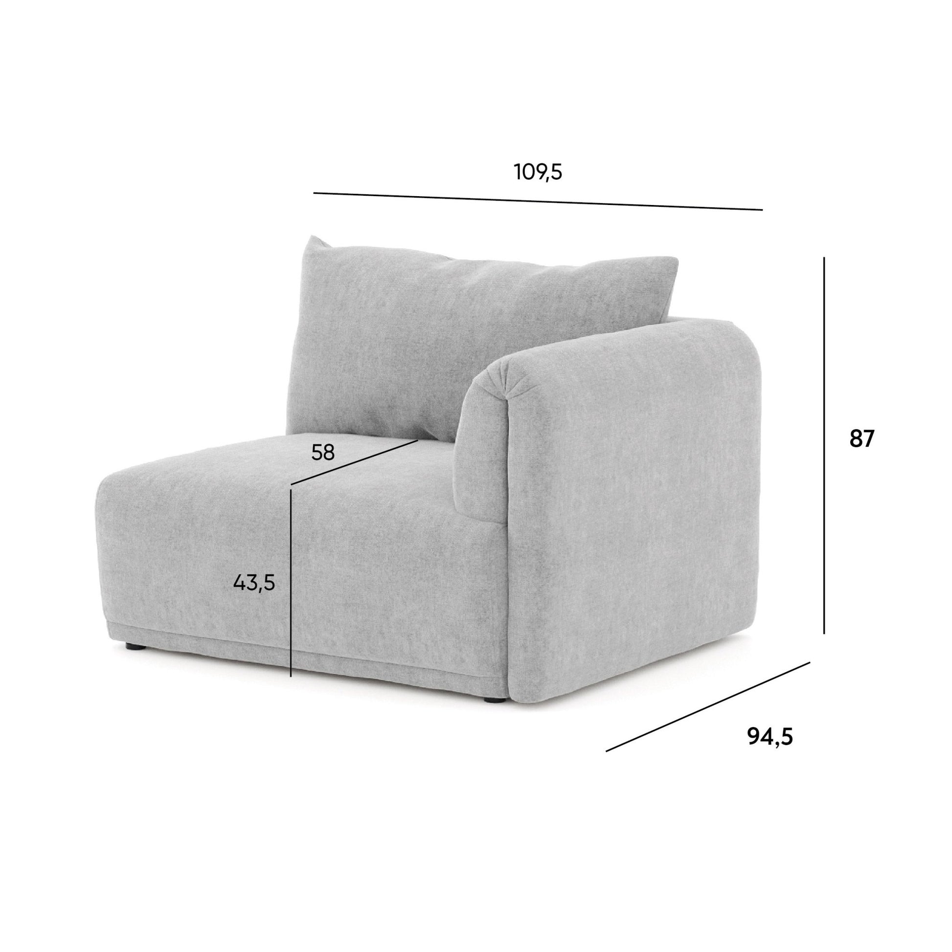 Módulo com Braço Direito Cinza Sofá Modular COTILLARD - Gato Preto