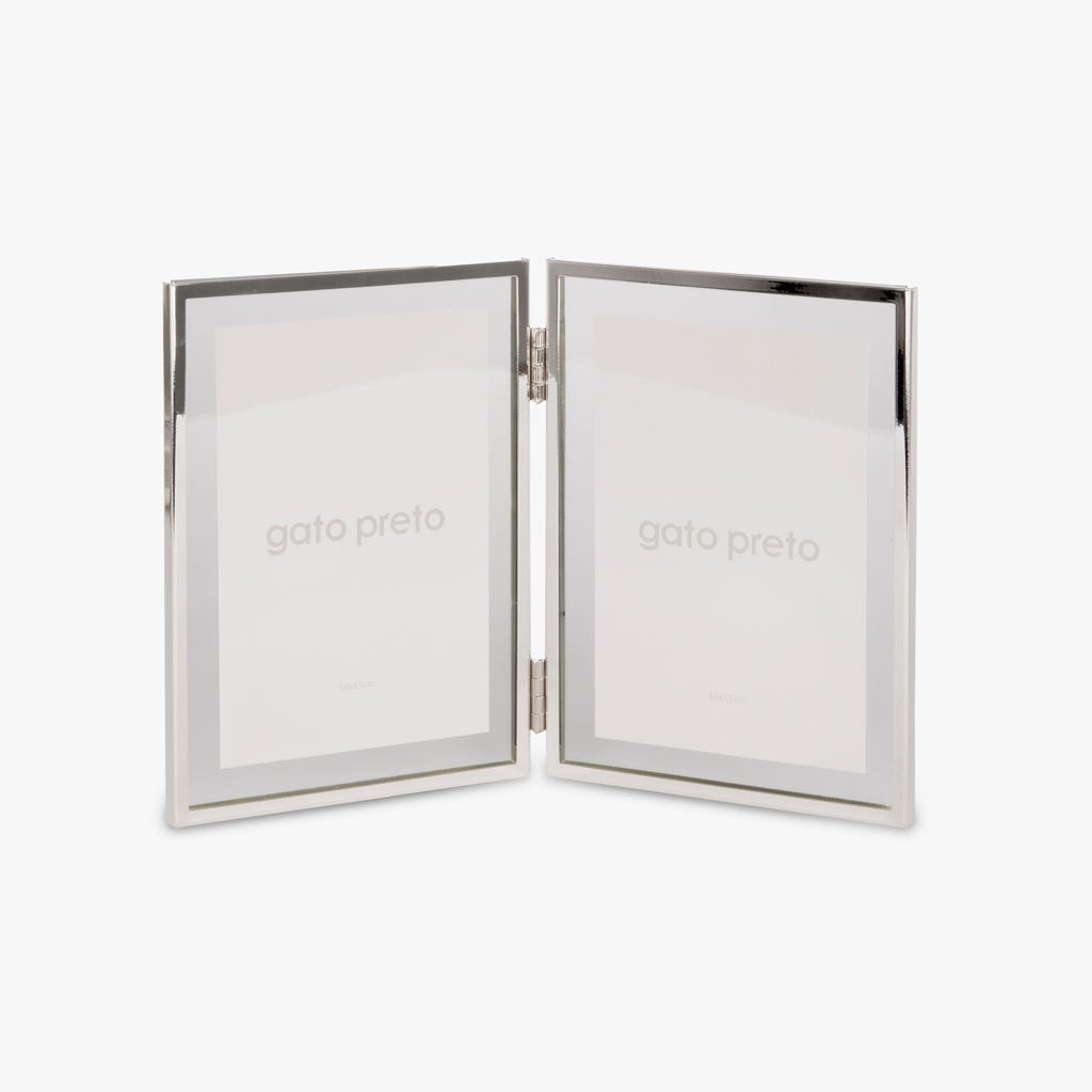 Moldura Dupla Vertical Prateada 10x15 SHINY & BRUSHED - Gato Preto