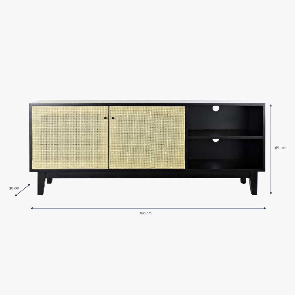 Móvel de Televisão de Duas Portas Madeira de Abeto e Ratan VEREDA - Gato Preto