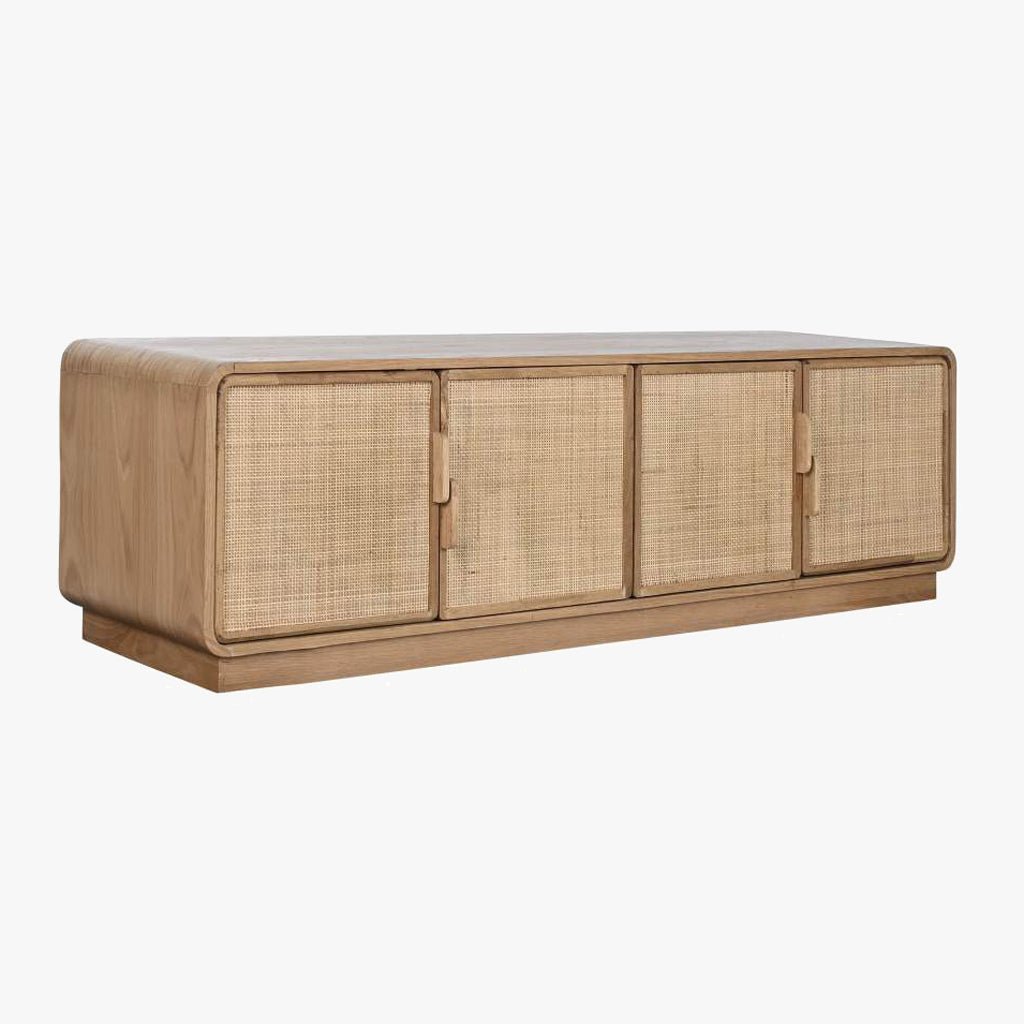 Móvel de Televisão Quatro Portas Madeira e Rattan VEREDA - Gato Preto