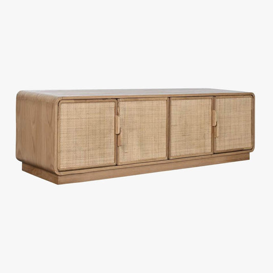 Móvel de Televisão Quatro Portas Madeira e Rattan VEREDA - Gato Preto