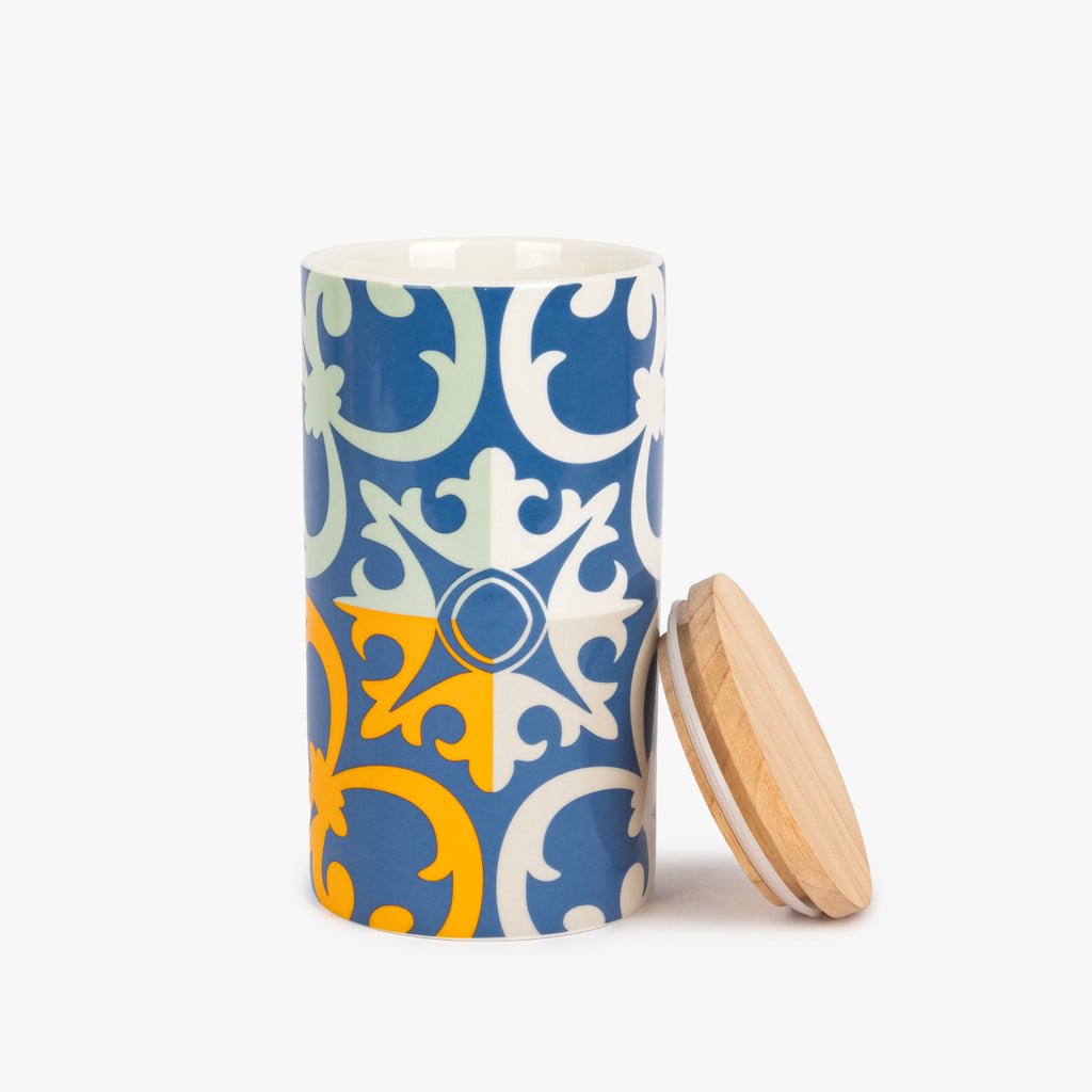 Pote Azul com Tampa de Bambu AZULEJO - Gato Preto