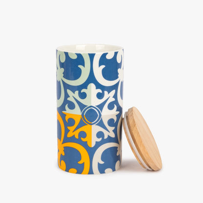 Pote Azul com Tampa de Bambu AZULEJO - Gato Preto