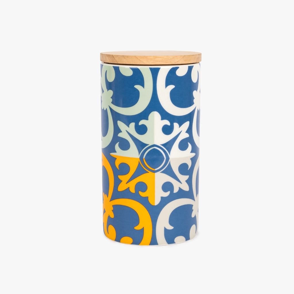 Pote Azul com Tampa de Bambu AZULEJO - Gato Preto