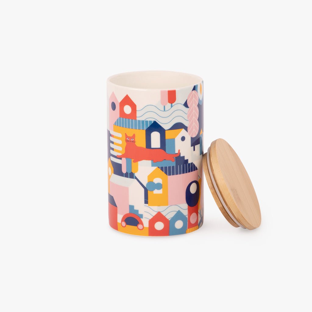 Pote com tampa de Bambu CAT IN THE CITY - Gato Preto