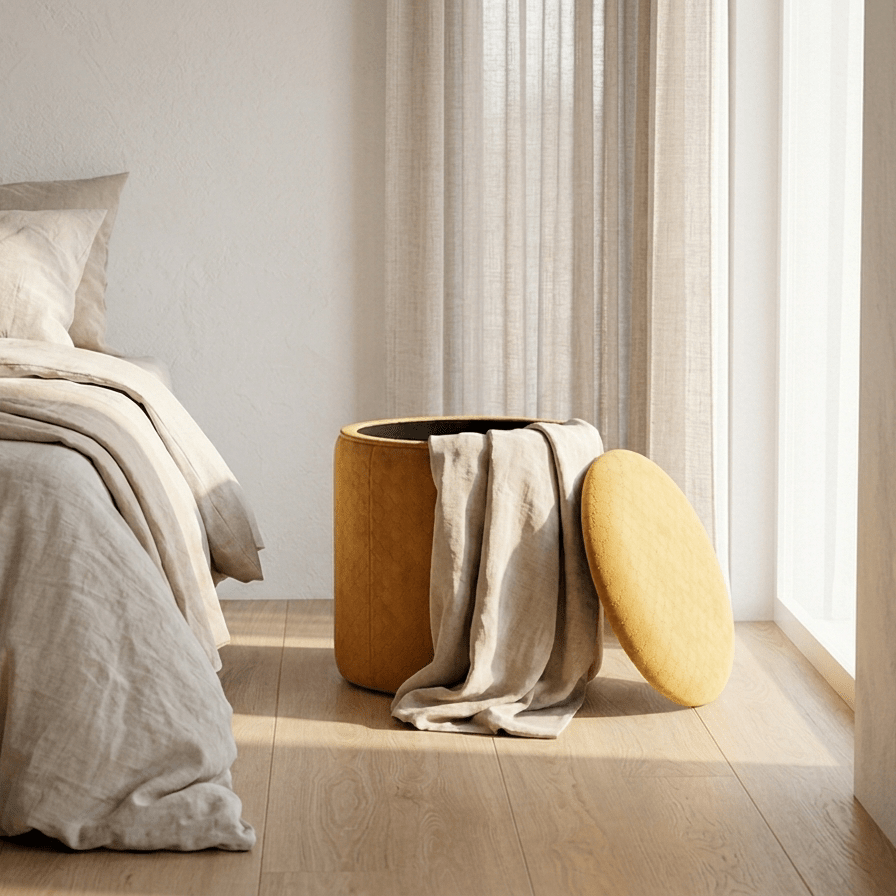 Pouf Mostarda de Veludo com padrão e arrumação LUCENA - Gato Preto