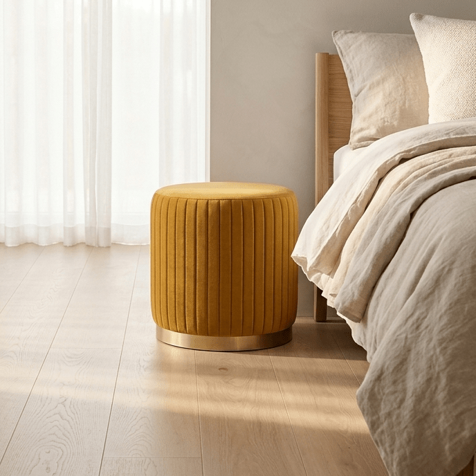 Pouf Mostarda de Veludo com riscas em dourado ANDRIA - Gato Preto