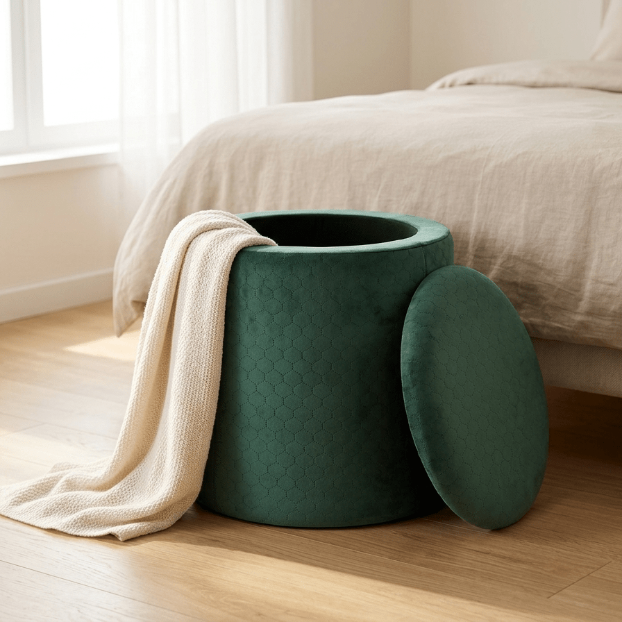 Pouf Verde Esmeralda de Veludo com padrão e arrumação LUCENA - Gato Preto
